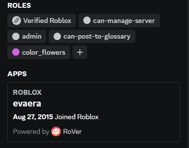Picture of a Discord server profile showing a Roblox profile embed powered by RoVer